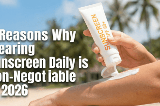 A person applying sunscreen to their face while looking in a mirror.