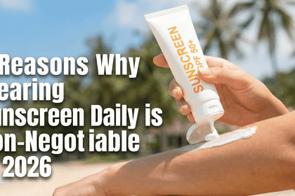 A person applying sunscreen to their face while looking in a mirror.