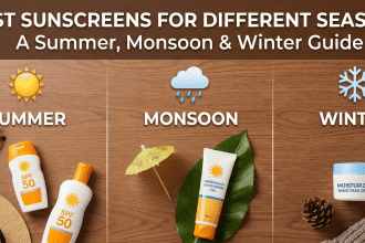 A flat lay display of different sunscreen textures—gel, lotion, and cream—arranged for summer, monsoon, and winter skincare routines.