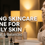A woman applying a lightweight gel moisturizer to her face during her evening skincare routine.