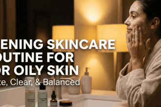 A woman applying a lightweight gel moisturizer to her face during her evening skincare routine.