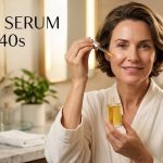 A luxury glass dropper bottle of anti-aging serum being applied to healthy, mature skin.