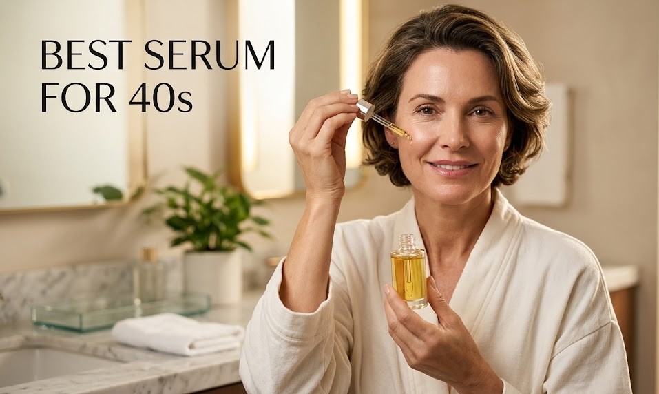 A luxury glass dropper bottle of anti-aging serum being applied to healthy, mature skin.