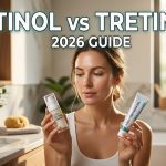 Side-by-side comparison of a luxury over-the-counter retinol serum and a clinical prescription tretinoin tube