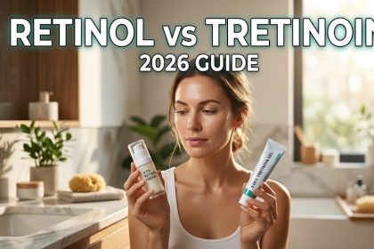 Side-by-side comparison of a luxury over-the-counter retinol serum and a clinical prescription tretinoin tube