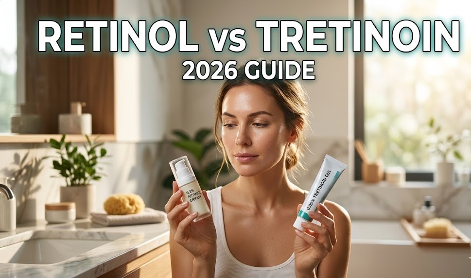 Side-by-side comparison of a luxury over-the-counter retinol serum and a clinical prescription tretinoin tube