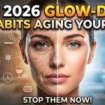 A person looking in the mirror noticing fine lines, with digital icons representing stress and blue light surrounding them.