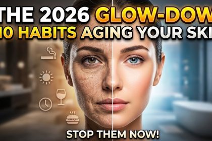 A person looking in the mirror noticing fine lines, with digital icons representing stress and blue light surrounding them.