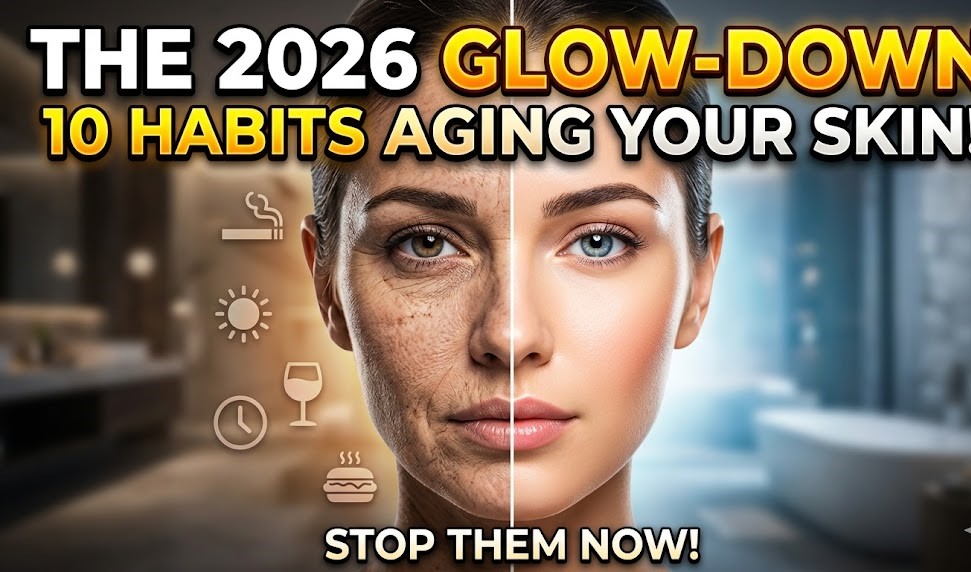 A person looking in the mirror noticing fine lines, with digital icons representing stress and blue light surrounding them.