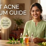 A person applying a lightweight face serum to their cheek to treat acne-prone skin.