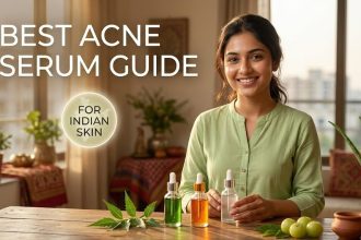 A person applying a lightweight face serum to their cheek to treat acne-prone skin.