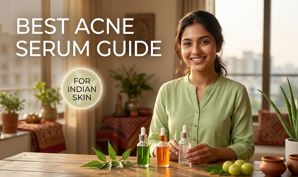 A person applying a lightweight face serum to their cheek to treat acne-prone skin.
