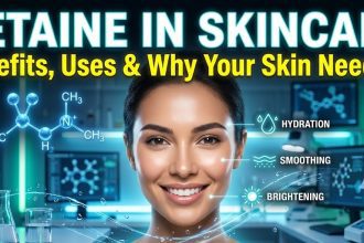 A microscopic representation of betaine molecules balancing water within a skin cell.