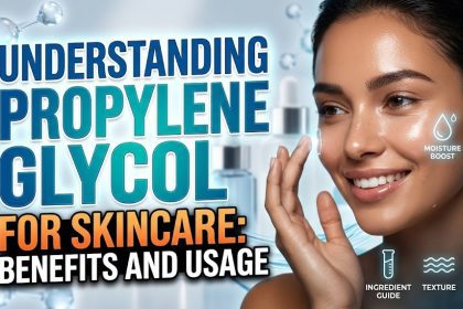 A close-up of a clear skincare serum containing Propylene Glycol being applied to healthy skin.