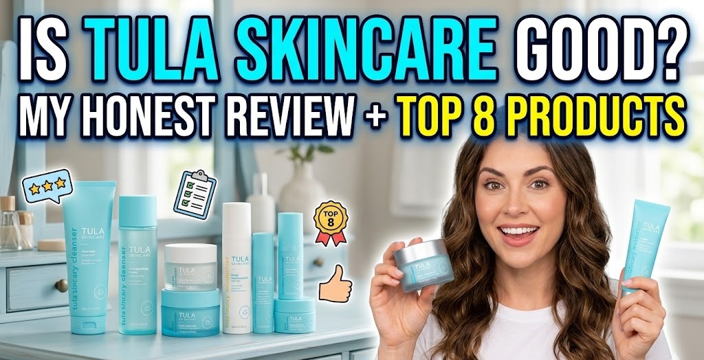 A collection of Tula Skincare products including the blue purifying face cleanser, eye balms, and moisture cream on a white marble surface.