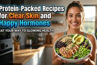 A vibrant salmon poke bowl with fresh greens and seeds, representing a high-protein meal for skin health.