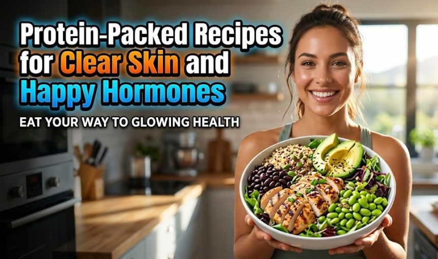 A vibrant salmon poke bowl with fresh greens and seeds, representing a high-protein meal for skin health.