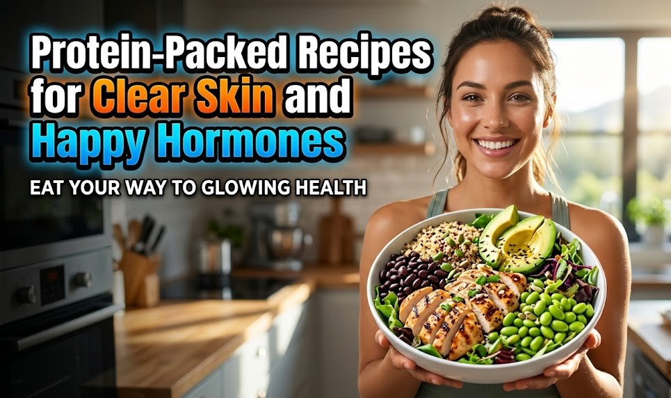 A vibrant salmon poke bowl with fresh greens and seeds, representing a high-protein meal for skin health.