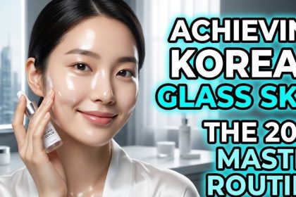 A radiant person with translucent glass skin reflecting soft studio light, highlighting a poreless and highly hydrated complexion