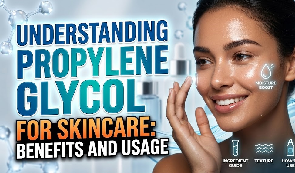 A close-up of a clear skincare serum containing Propylene Glycol being applied to healthy skin.