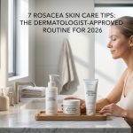 "A woman with mild facial redness gently applying a creamy moisturizer to her cheek using her fingertips in front of a brightly lit mirror."