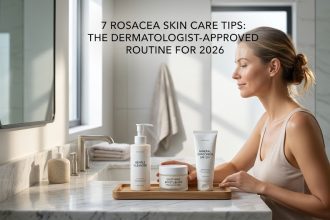 "A woman with mild facial redness gently applying a creamy moisturizer to her cheek using her fingertips in front of a brightly lit mirror."