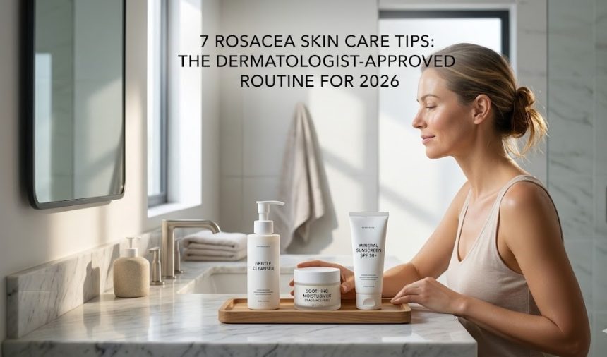 "A woman with mild facial redness gently applying a creamy moisturizer to her cheek using her fingertips in front of a brightly lit mirror."