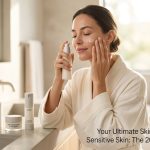 "A minimalist flat-lay of Kiehl's Centella Cleanser, Calendula Toner, and Cica-Cream sitting on a clean, light-colored wooden surface surrounded by fresh calendula flowers."