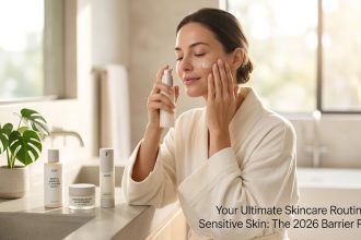 "A minimalist flat-lay of Kiehl's Centella Cleanser, Calendula Toner, and Cica-Cream sitting on a clean, light-colored wooden surface surrounded by fresh calendula flowers."