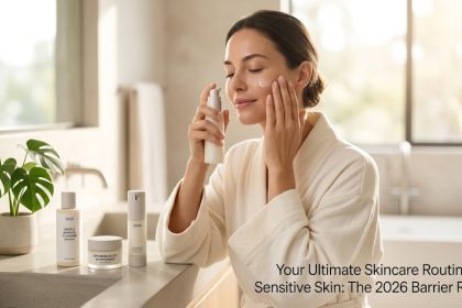 "A minimalist flat-lay of Kiehl's Centella Cleanser, Calendula Toner, and Cica-Cream sitting on a clean, light-colored wooden surface surrounded by fresh calendula flowers."