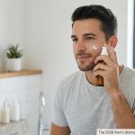 "A man in a bathroom mirror applying a small amount of moisturizer to his face, with a clean-shaven jawline and a bottle of face wash on the counter."