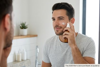 "A man in a bathroom mirror applying a small amount of moisturizer to his face, with a clean-shaven jawline and a bottle of face wash on the counter."