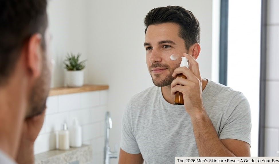 "A man in a bathroom mirror applying a small amount of moisturizer to his face, with a clean-shaven jawline and a bottle of face wash on the counter."