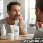 "A flat-lay of Japanese men's skincare products including Shiseido Men Cleanser, DHC Q10 Gel, and Nivea UV Gel on a minimalist slate background."