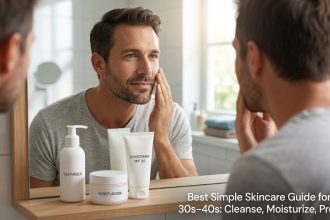 "A flat-lay of Japanese men's skincare products including Shiseido Men Cleanser, DHC Q10 Gel, and Nivea UV Gel on a minimalist slate background."