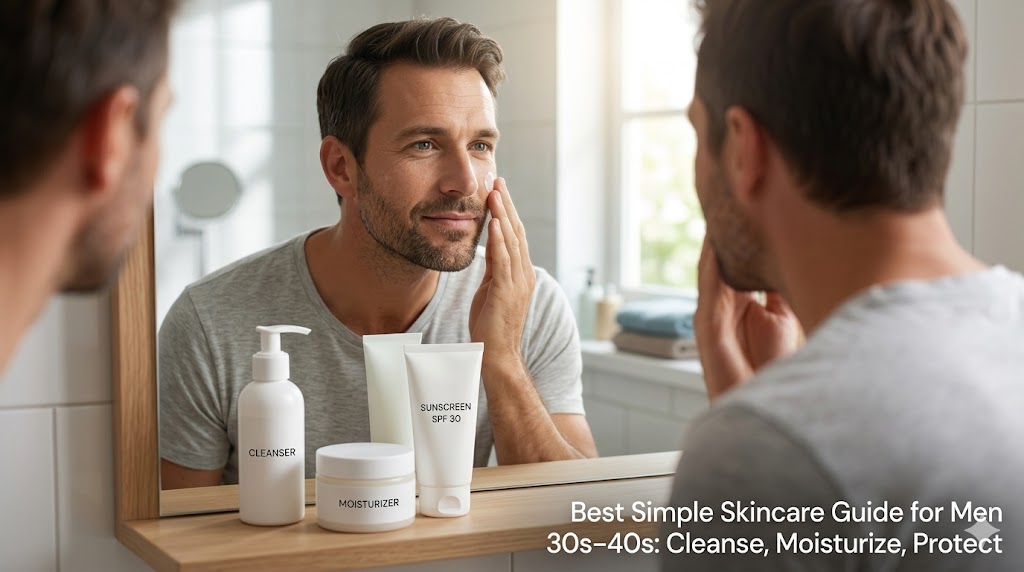"A flat-lay of Japanese men's skincare products including Shiseido Men Cleanser, DHC Q10 Gel, and Nivea UV Gel on a minimalist slate background."