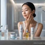 A sleek vanity tray with four glass skincare bottles—a cleanser, a dropper serum, a tub of moisturizer, and a tube of sunscreen—arranged from shortest to tallest