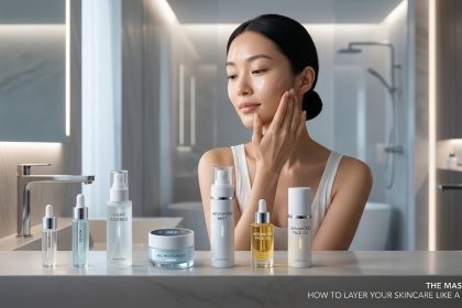 A sleek vanity tray with four glass skincare bottles—a cleanser, a dropper serum, a tub of moisturizer, and a tube of sunscreen—arranged from shortest to tallest
