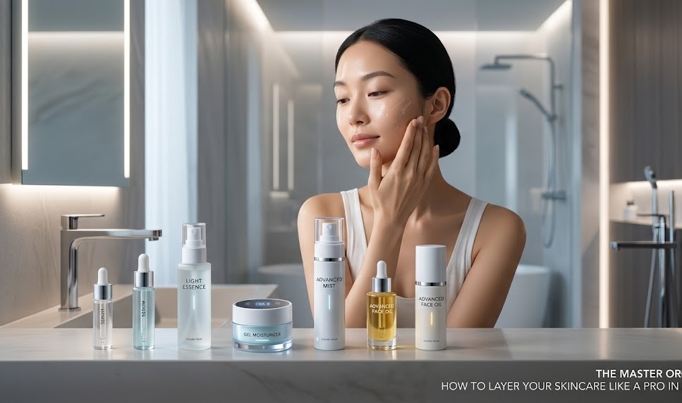 A sleek vanity tray with four glass skincare bottles—a cleanser, a dropper serum, a tub of moisturizer, and a tube of sunscreen—arranged from shortest to tallest