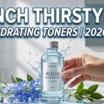 A collection of 2026 top-rated hydrating toners and essences on a clean white vanity