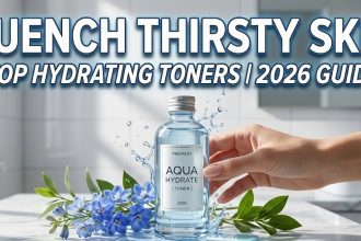 A collection of 2026 top-rated hydrating toners and essences on a clean white vanity