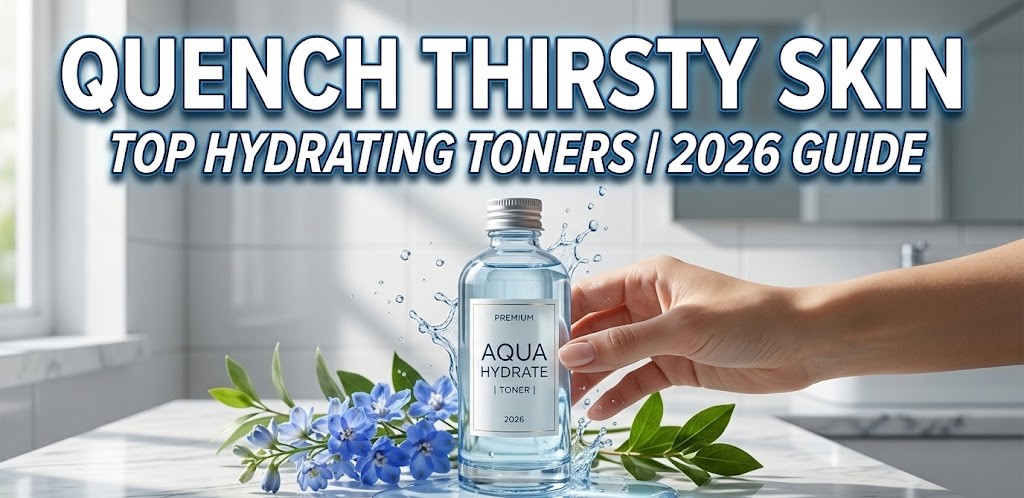 A collection of 2026 top-rated hydrating toners and essences on a clean white vanity