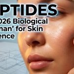 Microscopic view of peptide chains acting as cellular messengers to stimulate collagen in skin cells