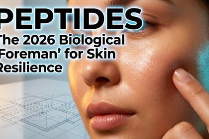 Microscopic view of peptide chains acting as cellular messengers to stimulate collagen in skin cells