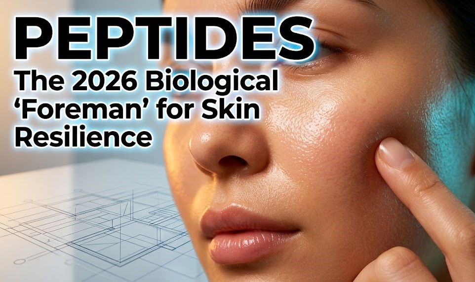 Microscopic view of peptide chains acting as cellular messengers to stimulate collagen in skin cells