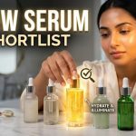 A person applying a lightweight face serum to their glowing skin.