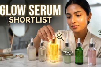 A person applying a lightweight face serum to their glowing skin.