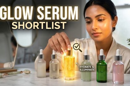 A person applying a lightweight face serum to their glowing skin.