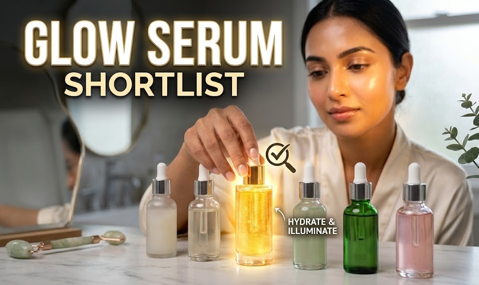 A person applying a lightweight face serum to their glowing skin.
