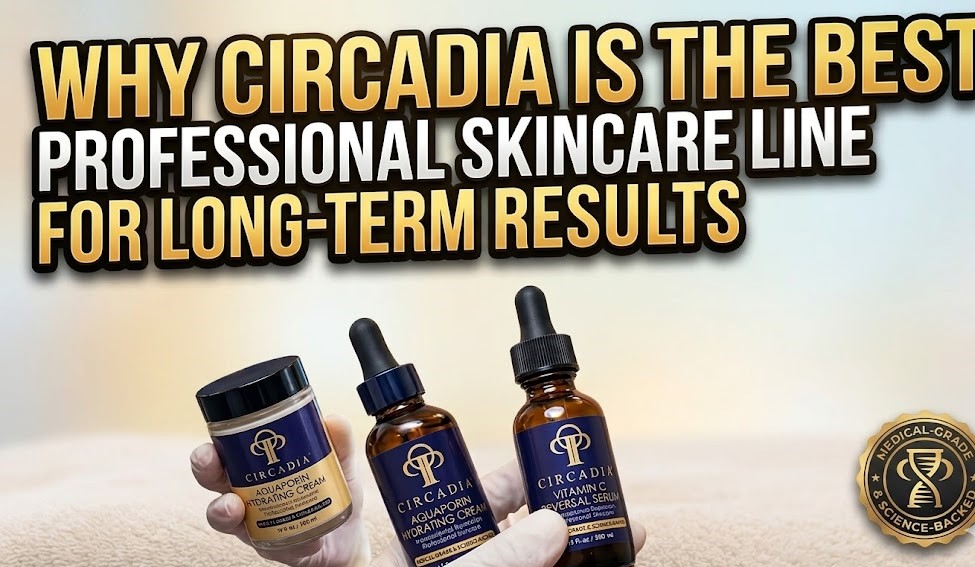 A collection of Circadia professional skincare products featuring the Vitamin C Reversal Serum and AquaPorin Hydrating Cream on a clean spa counter.